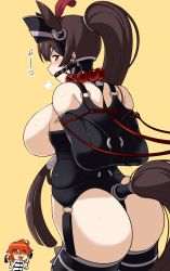Rule 34 | 2girls, alternate costume, animal ears, armbinder, arms behind back, ass, bdsm, bead necklace, beads, bit gag, black legwear, blush, bondage, bound, box-tie armbinder, breasts, breasts out, brown hair, collar, earrings, fake animal ears, fake tail, fate/grand order, fate (series), from behind, fujimaru ritsuka (female), gag, gagged, harness, holding, holding riding crop, hoop earrings, horse ears, horse tail, jewelry, large breasts, long hair, multiple girls, necklace, orange eyes, orange hair, pony play, ponytail, purple eyes, rebake, riding crop, riyo (lyomsnpmp) (style), simple background, slave, tail, xuangzang sanzang (fate), yellow background