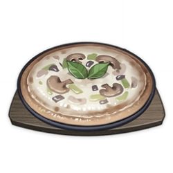 Rule 34 | artist request, commentary, cutting board, english commentary, food, food focus, game cg, garnish, genshin impact, leaf, lowres, mushroom, muted color, no humans, official art, pizza, simple background, still life, third-party source, transparent background, tray