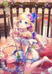 Rule 34 | 1girl, absurdly long hair, barefoot, between legs, blonde hair, blue eyes, braid, butterfly hair ornament, copyright name, copyright notice, flower, hair flower, hair ornament, hand between legs, holding, holding staff, indoors, long hair, looking at viewer, midriff, momoshiki tsubaki, navel, official art, open mouth, pansy, railing, sitting, soul reverse zero, sparkle, staff, thigh strap, very long hair, wariza, watermark, window
