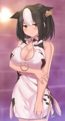 Rule 34 | 1girl, :&lt;, animal ears, black hair, blush, breast hold, breasts, cccpo, china dress, chinese clothes, cleavage, cleavage cutout, clothing cutout, cow ears, cow girl, cow tail, dress, ear tag, highres, holstein (cccpo), large breasts, looking at viewer, multicolored hair, original, short hair, solo, tail, two-tone hair, white hair