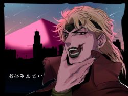Rule 34 | 1boy, black lips, black nails, blonde hair, claws, collared cape, dio brando, fangs, hand on own chin, headband, jojo no kimyou na bouken, jonya, licking lips, male focus, nail polish, pyramid (structure), red eyes, solo, stardust crusaders, stroking own chin, tongue, tongue out, vampire