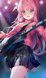 Rule 34 | 1girl, black skirt, blue eyes, blush, bocchi the rock!, breasts, commentary request, cube hair ornament, electric guitar, gotoh hitori, guitar, hair between eyes, hair ornament, highres, instrument, jacket, long hair, long sleeves, medium breasts, nose blush, one side up, open mouth, pink hair, pink jacket, pleated skirt, rimuu, skirt, sleeves past wrists, solo, twitter username, very long hair, watermark, wavy mouth, web address