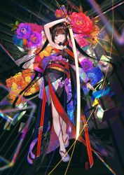 Rule 34 | 1girl, abstract, armpits, bare arms, bare legs, bare shoulders, black hair, black kimono, blue eyes, breasts, colorful, detached collar, flower, full body, fuzichoco, hadanugi dousa, hair ornament, hairclip, highres, holding, holding sword, holding weapon, japanese clothes, katana, kimono, long hair, long sleeves, looking at viewer, medium breasts, multicolored hair, nail polish, obi, open clothes, open kimono, original, parted lips, platform footwear, purple nails, rose, sandals, sash, solo, streaked hair, sword, twintails, very long hair, weapon, wide sleeves, zouri