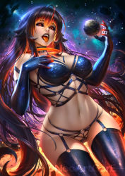 Rule 34 | 1girl, bad id, bad pixiv id, black gloves, black hair, black legwear, black lips, black sclera, breasts, colored sclera, commentary, earth (planet), elbow gloves, english commentary, garter straps, gloves, gradient hair, hair between eyes, large breasts, long hair, looking at viewer, m87 black hole, multicolored hair, navel, neoartcore, open mouth, orange eyes, orange hair, original, personification, planet, solo, space, thigh gap, thighhighs, tongue, tongue out