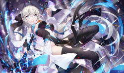 Rule 34 | 1girl, black bow, black dress, black footwear, blue eyes, boots, bow, braid, breasts, center opening, cleavage, dress, fate/grand order, fate (series), french braid, gabiran, grey hair, hair bow, highres, large breasts, long hair, long sleeves, looking at viewer, morgan le fay (fate), navel, open mouth, pelvic curtain, ponytail, sidelocks, solo, staff, thigh boots, thighs, two-tone dress, very long hair, white dress, wide sleeves
