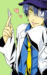 Rule 34 | 1girl, androgynous, atlus, bad id, bad pixiv id, blue hair, cabbie hat, crossdressing, dark persona, eyepatch, female focus, grin, hair between eyes, hat, heart, lab coat, looking at viewer, necktie, oy 31, persona, persona 4, reverse trap, scalpel, shadow (persona), shirogane naoto, short hair, smile, solo, tongue, tongue out, wavy hair, yellow eyes