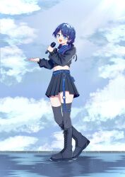 Rule 34 | 1girl, :d, ankle boots, black footwear, black jacket, black ribbon, black skirt, black thighhighs, blue eyes, blue hair, blue shirt, blue sky, boots, cloud, commentary, cropped jacket, cross-laced footwear, dark blue hair, foot up, full body, hair ribbon, hands up, highres, hikari wind0919, holding, holding microphone, jacket, lace-up boots, link! like! love live!, long hair, long sleeves, looking at viewer, love live!, low twintails, microphone, midriff, miniskirt, murano sayaka, navel, open mouth, plaid, plaid shirt, pleated skirt, ribbon, shirt, skirt, sky, sleeveless, sleeveless shirt, smile, solo, standing, teeth, thighhighs, tragic drops (love live!), twintails, upper teeth only