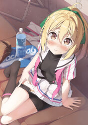 Rule 34 | 1girl, bike shorts, bike shorts pull, black socks, blonde hair, blush, bottle, breasts, brown eyes, cinderella series, commentary request, dress, from above, green ribbon, hachigatsu no cinderella nine, hair ribbon, highres, long hair, looking at viewer, nervous smile, no shoes, open clothes, open dress, ponytail, pulling own clothes, ribbon, sitting, small breasts, smile, socks, solo, takanashi yuzu, tsubure manjuu, undershirt, water bottle