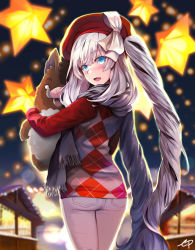 Rule 34 | 1girl, argyle, argyle clothes, argyle sweater, ass, blue eyes, blurry, checkered clothes, checkered shirt, christmas, depth of field, ep (emio parn), fate/grand order, fate (series), hat, highres, long hair, marie antoinette (fate), shirt, signature, silver hair, smile, solo, star (symbol), stuffed animal, stuffed toy, sweater, twintails, very long hair