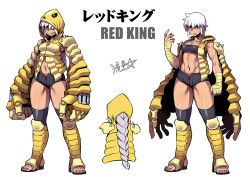 Rule 34 | 1girl, bandaged arm, bandages, bandeau, black shorts, boots, braid, character name, clenched teeth, closed mouth, exoskeleton, hand up, hood, hood up, long hair, micro shorts, multiple views, muscular, muscular female, navel, oversized forearms, oversized limbs, panties, personification, red eyes, red king (ultra series), red panties, ryuusei (mark ii), shorts, signature, simple background, single braid, stirrup footwear, strapless, teeth, toenails, toes, tube top, ultra series, ultraman (1st series), underwear, white background, white hair