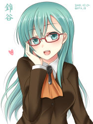 Rule 34 | 10s, 1girl, 2015, :d, aqua eyes, aqua hair, bespectacled, blush, dated, glasses, hanazome dotera, hand on own cheek, hand on own face, heart, kantai collection, long sleeves, open mouth, red-framed eyewear, simple background, smile, solo, suzuya (kancolle), upper body, white background
