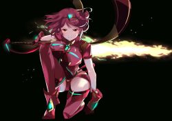 Rule 34 | 1girl, absurdres, black background, breasts, chest jewel, flaming sword, flaming weapon, highres, large breasts, nintendo, on one knee, pyra (xenoblade), red eyes, red hair, risumi (taka-fallcherryblossom), solo, thighhighs, xenoblade chronicles (series), xenoblade chronicles 2