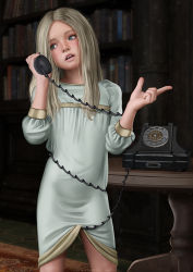 Rule 34 | 1girl, antique phone, blonde hair, blue dress, blue eyes, book, bookshelf, cable, character request, child, corded phone, dress, holding, holding phone, indoors, long hair, nefrubi, phantom project, phone, realistic, rotary phone, solo, table, talking on phone