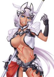 Rule 34 | 1girl, animal ears, armor, black panties, blue eyes, body markings, breasts, caenis (fate), choker, cleavage, collarbone, commentary request, cowboy shot, dark-skinned female, dark skin, fate/grand order, fate (series), faulds, gauntlets, grin, groin, hair between eyes, hair intakes, hairband, headgear, highres, holding, holding polearm, holding spear, holding weapon, large breasts, leg tattoo, long hair, looking at viewer, low ponytail, midriff, navel, open clothes, open vest, panties, polearm, pubic tattoo, sakuya (liao kj), shadow, shoulder plates, sidelocks, simple background, smile, solo, spear, standing, stomach tattoo, tattoo, underwear, vest, weapon, white background, white choker, white hair, white vest