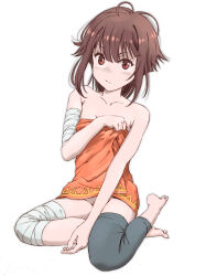 1girl asymmetrical_legwear bandaged_arm bandaged_leg bandages bare_shoulders black_leg_warmers blush bottomless brown_hair closed_mouth collarbone covering_privates feet female_pubic_hair full_body highres kono_subarashii_sekai_ni_shukufuku_wo! leg_warmers looking_at_viewer marutaya medium_hair megumin naked_towel nude_cover pubic_hair pubic_hair_peek red_eyes simple_background sitting solo towel white_background