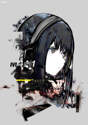 Rule 34 | 1girl, absurdres, black hair, english text, girls&#039; frontline, grey background, headphones, highres, japanese text, m4a1 (girls&#039; frontline), solo