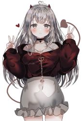 Rule 34 | 1girl, ahoge, bad id, bad pixiv id, black choker, bonono, choker, closed mouth, cowboy shot, demon girl, demon horns, demon tail, double v, earrings, grey eyes, grey hair, heart, heart ahoge, highres, horns, jewelry, long hair, long sleeves, looking at viewer, original, red horns, simple background, solo, standing, tail, v, white background, zipper