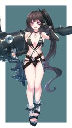 Rule 34 | 1girl, 4tb (4tera byte), absurdres, architect (girls&#039; frontline), architect (nvw model) (girls&#039; frontline), bikini, black gloves, black hair, blush, border, breasts, cleavage, elbow gloves, full body, girls&#039; frontline, gloves, green background, highres, holding, holding weapon, large breasts, linea alba, long hair, looking at viewer, navel, open mouth, outside border, red eyes, side ponytail, simple background, solo, standing, swimsuit, toeless footwear, v, v over eye, very long hair, weapon, white border