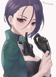 Rule 34 | 1girl, armor, asymmetrical hair, black choker, blue hair, breasts, choker, cleavage, collarbone, fire emblem, fire emblem: three houses, glove in mouth, gloves, green jacket, highres, jacket, large breasts, mouth hold, nintendo, open clothes, open jacket, purple eyes, sakuramotikun, shamir nevrand, short hair, short sleeves, simple background, solo