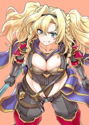 Rule 34 | 1girl, blonde hair, breasts, cape, cleavage, clenched teeth, collarbone, granblue fantasy, green eyes, hair ornament, large breasts, long hair, no panties, partially visible vulva, smile, tachikawa negoro, teeth, twintails, zeta (granblue fantasy)