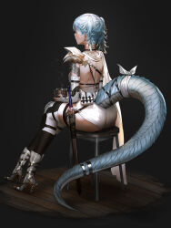 Rule 34 | 1girl, absurdres, ass, back, backless outfit, black background, black choker, blue hair, boots, choker, closed eyes, commentary, cup, detached sleeves, dragon tail, ear piercing, earrings, facing away, from behind, full body, ganet p, gauntlets, high heel boots, high heels, highres, holding, holding cup, jewelry, original, piercing, pouch, scarf, short hair, shorts, solo, steam, stool, sword, tail, tail strap, thighhighs, twintails, weapon, white footwear, white scarf, white shorts, white sleeves, white thighhighs