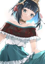 Rule 34 | 1girl, bare shoulders, black hair, blue hair, breasts, collarbone, colored inner hair, dress, facepaint, fate/grand order, fate (series), feathers, floral print, frills, green dress, grey eyes, headdress, highres, jewelry, kino kokko, light smile, looking at viewer, multicolored hair, neck ring, short hair, sidelocks, small breasts, solo, tassel, tenochtitlan (fate)