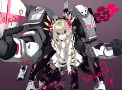 Rule 34 | 1girl, bad id, bad nicoseiga id, black thighhighs, blonde hair, drill hair, elbow gloves, gloves, gradient background, hair ornament, hand to own mouth, kusanagi kikoku, long hair, mecha, mechanical arms, original, red eyes, robot, single mechanical arm, smile, solo, spread legs, standing, thighhighs