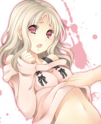 Rule 34 | 10s, 1girl, assisted exposure, blonde hair, blush, diabolik lovers, komori yui, navel, open mouth, petite, pink eyes, rejet, reo (0630), simple background, solo focus, stomach, tears, upper body, white background