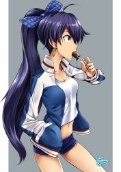 Rule 34 | 1girl, ahoge, antenna hair, bare legs, black hair, blue shorts, chocolate, chocolate popsicle, collarbone, dated, earrings, eating, espada gcon, female focus, food, ganaha hibiki, grey background, hair ribbon, hand in pocket, highres, holding, hoop earrings, idolmaster, idolmaster (classic), jacket, jewelry, legs, long hair, long sleeves, midriff, mouth hold, navel, neck, open clothes, open jacket, ponytail, popsicle, profile, ribbon, short shorts, shorts, solo, tank top, track jacket