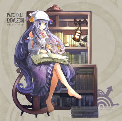 Rule 34 | 1girl, alternate costume, bad id, bad pixiv id, barefoot, beanie, book, character doll, character name, copyright name, detached sleeves, english text, engrish text, feet, female focus, hat, crossed legs, long hair, patchouli knowledge, purple eyes, purple hair, ranguage, sitting, solo, tetsu (fatqueen), touhou, typo, very long hair