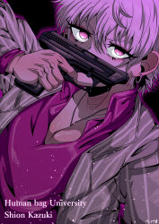 Rule 34 | 1boy, absurdres, aura, black background, character name, copyright name, ear piercing, eyelashes, formal, grey suit, gun, highres, holding, holding gun, holding weapon, human bug daigaku, jewelry, kazaki shion, looking at viewer, male focus, necklace, piercing, pink eyes, pink hair, pink shirt, shirt, striped suit, suit, typo, upper body, weapon