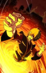 Rule 34 | 1boy, avatar: the last airbender, avatar legends, clenched hand, commentary, cowboy shot, dutch angle, english commentary, foreshortening, highres, lava, male focus, scar, scar on face, short hair, solo, spiderbat art, teeth, zuko