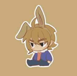 Rule 34 | 1boy, ahoge, animal ear hairband, animal ears, black pants, blue jacket, brown background, brown hair, chibi, chibi only, chinese commentary, commentary request, fake animal ears, fur-trimmed jacket, fur trim, green eyes, greenfola, hair between eyes, hairband, highres, isoi reiji, jacket, long sleeves, male focus, no nose, open clothes, open jacket, outline, pants, rabbit ear hairband, rabbit ears, red shirt, saibou shinkyoku, shirt, short hair, simple background, sitting, solo, white outline