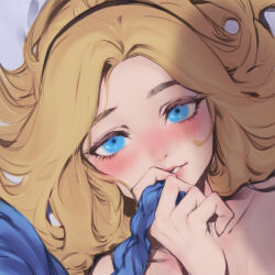 Rule 34 | 2girls, blonde hair, blue eyes, blue hair, blush, braid, close-up, hairband, highres, holding another&#039;s hair, jinx (league of legends), league of legends, long hair, looking at viewer, lux (league of legends), multiple girls, nude, out of frame, parted lips, phantom ix row, portrait, solo focus, yuri