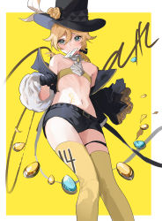 Rule 34 | 1boy, androgynous, bandeau, bishounen, black bow, black gloves, black hat, black jacket, black shorts, blue eyes, bow, collarbone, commentary request, from below, gem, gloves, hair between eyes, hair bow, half gloves, hat, highres, jacket, kagamine len, long bangs, looking at viewer, looking down, male focus, mouth hold, navel, no shirt, off shoulder, sarashi, short ponytail, short shorts, shorts, simple background, solo, thigh strap, thighhighs, vocaloid, wumumu, yellow background, yellow bandeau, yellow thighhighs