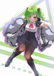 Rule 34 | 1girl, absurdres, ahoge, animal ears, armpit peek, black gloves, black skirt, blush, boots, brown pantyhose, cat ears, closed mouth, coat, coat partially removed, collared shirt, delutaya, diagonal bangs, drill hair, gloves, green hair, high collar, highres, hitakami, indie virtual youtuber, knee boots, long sleeves, multicolored hair, pantyhose, pink hair, red eyes, shirt, simple background, skirt, sleeveless, sleeveless shirt, sleeves past wrists, smile, solo, triangle, triangle hair ornament, twin drills, twintails, two-tone hair, virtual youtuber, white coat, white shirt
