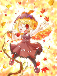 Rule 34 | 1girl, aki minoriko, arinu, arm up, autumn leaves, black pantyhose, blonde hair, blush, bow, brown dress, cosplay, dress, female focus, food, fruit, grapes, hair ornament, hat, microphone, microphone stand, mystia lorelei, mystia lorelei (cosplay), one eye closed, open mouth, outstretched hand, pantyhose, pinky out, plant, red eyes, shirt, short hair, smile, solo, touhou, vines, wings, wink