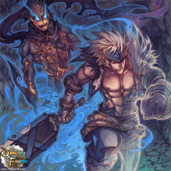 Rule 34 | 00s, 1boy, copyright name, dungeon and fighter, fire, ghost, glowing, glowing eyes, holding, holding weapon, male focus, muscular, official art, red eyes, scarf, slayer (dungeon and fighter), soul bender, soul bender (dungeon and fighter), soul bringer (dungeon and fighter), spirit, sword, weapon, yi lee