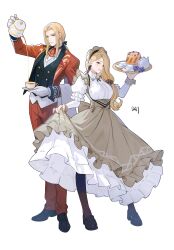 Rule 34 | 1boy, 1girl, absurdres, black pantyhose, blonde hair, blue eyes, breasts, brother and sister, cake, closed mouth, cup, da-cart, dress, dress shoes, fire emblem, fire emblem: three houses, fire emblem heroes, food, formal, gloves, hair ribbon, half-siblings, highres, holding, holding teapot, holding tray, jeritza von hrym, large breasts, long hair, long sleeves, looking at viewer, maid, maid headdress, mercedes von martritz, mercedes von martritz (tea party), nintendo, official alternate costume, pantyhose, parted lips, ponytail, puffy sleeves, red suit, ribbon, siblings, smile, standing, suit, sweets, teacup, teapot, tray, white background