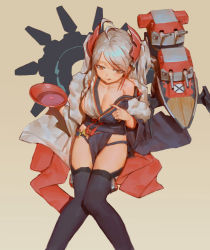 Rule 34 | 1girl, alcohol, antenna hair, azur lane, bad id, bad pixiv id, black thighhighs, breasts, cleavage, closed mouth, cup, from above, headgear, japanese clothes, knees together feet apart, large breasts, long hair, masila, multicolored hair, muted color, orange eyes, pelvic curtain, petals, prinz eugen (azur lane), prinz eugen (profusion of flowers) (azur lane), red hair, sakazuki, sake, silver hair, single bare shoulder, sitting, smile, solo, thighhighs, tongue, tongue out, turret, twintails, two-tone hair, two side up, wide sleeves