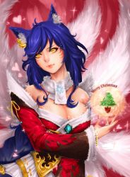 Rule 34 | 1girl, absurdres, adapted costume, ahri (league of legends), animal ears, bare shoulders, bell, bell earrings, braid, breasts, christmas, cleavage, detached sleeves, earrings, facial mark, fox ears, fox tail, fur trim, heart, highres, jewelry, league of legends, long hair, merry christmas, multiple tails, nail polish, pgp3890, purple hair, scarf, single braid, single earring, solo, sparkle, tail, very long hair, whisker markings, yellow eyes