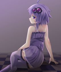 Rule 34 | 1girl, ahoge, bare arms, bare shoulders, blush, checkered floor, commentary request, dress, hair between eyes, hair ornament, highres, long hair, looking at viewer, looking back, parted lips, profile, purple dress, purple eyes, purple hair, purple thighhighs, ryogo, short hair with long locks, solo, strapless, strapless dress, thighhighs, voiceroid, yuzuki yukari