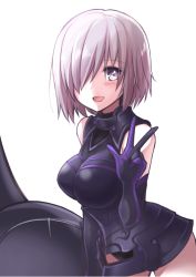 Rule 34 | 1girl, blush, breasts, elbow gloves, fate/grand order, fate (series), gloves, hair over one eye, leaning forward, light purple hair, looking at viewer, mash kyrielight, medium breasts, purple eyes, quro (black river), shield, short hair, solo, w, white background