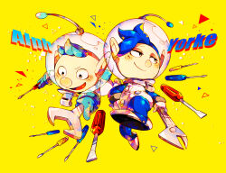 Rule 34 | 2boys, alph (pikmin), asymmetrical hair, backpack, bag, big nose, black eyes, blue bag, blue gloves, blue hair, blue pants, blue sleeves, buttons, character name, closed mouth, commentary request, cousins, earrings, freckles, full body, gauge, gloves, hand on own hip, helmet, holding, holding wrench, jewelry, light blush, long sleeves, male focus, multiple boys, nintendo, open mouth, outstretched arms, pants, petals, pikmin (series), radio antenna, raised eyebrow, screwdriver, shirushiki, shoes, short hair, smirk, space helmet, spacesuit, tools, triangle earrings, v-shaped eyebrows, very short hair, whistle, white footwear, white gloves, wrench, yellow background, yorke (pikmin)