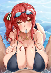 Rule 34 | 1boy, 1girl, azur lane, bikini, blush, breasts squeezed together, breasts, brown eyes, censored, cleavage, darkmaya, goggles, goggles on head, hetero, huge breasts, large breasts, long hair, mosaic censoring, o-ring, o-ring bikini, paizuri, paizuri under clothes, penis, red hair, side ponytail, solo focus, whistle, whistle around neck, zara (azur lane), zara (poolside coincidence) (azur lane)