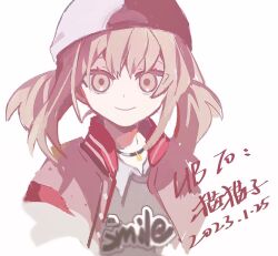 Rule 34 | 1girl, azusawa kohane, backwards hat, baseball cap, black hat, brown eyes, brown hair, grey shirt, hat, highres, jacket, looking at viewer, pink jacket, portrait, project sekai, shirt, short twintails, simple background, smile, solo, south ac, twintails, white background
