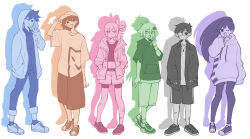Rule 34 | 2girls, 4boys, aubrey (faraway) (omori), aubrey (omori), bandaid, bandaid on cheek, bandaid on face, bandaid on leg, baseball cap, baseball jersey, basil (faraway) (omori), basil (omori), belt, collarbone, doroidsan, eyepatch, flower, folded ponytail, hair flower, hair ornament, hair ribbon, hands in pockets, hat, hero (faraway) (omori), hero (omori), highres, hood, hoodie, instrument request, jersey, jewelry, kel (faraway) (omori), kel (omori), long sleeves, mari (faraway) (omori), mari (omori), midriff, multiple boys, multiple girls, navel, necklace, omori, one eye closed, open mouth, oversized clothes, pants, ponytail, ribbon, shirt, shoes, short hair, short sleeves, shorts, smile, sneakers, socks, spiked hair, sunny (omori), teeth, w, white background, wink