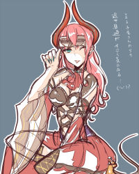 Rule 34 | 1girl, blue background, blue eyes, breasts, carmilla (fate), cleavage, curly hair, elizabeth bathory (fate), elizabeth bathory (fate), fate/extra ccc, fate/grand order, fate (series), fingernails, hollomaru, horns, long hair, mask, nail polish, one eye closed, open mouth, pink hair, pointy ears, shoes, tail, tongue, tongue out, wide sleeves