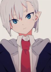 1girl blue_eyes close-up facial_mark female_focus grey_background jacket looking_at_viewer necktie original pointy_ears red_necktie short_hair simple_background sohin solo white_hair