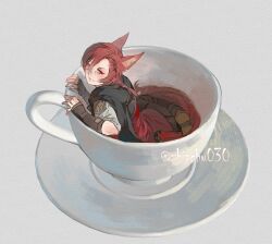 Rule 34 | 1boy, animal ears, black footwear, black pants, black scarf, braid, braided ponytail, brown gloves, cat boy, cat ears, cat tail, commentary, cup, elbow gloves, final fantasy, final fantasy xiv, full body, g&#039;raha tia, gloves, grey background, hair ornament, in container, in cup, jushenger, looking back, male focus, mini person, miniboy, miqo&#039;te, one eye closed, pants, red eyes, red hair, saucer, scarf, shirt, short hair, signature, simple background, single braid, smile, solo, symbol-only commentary, tail, teacup, twitter username, white shirt, x hair ornament